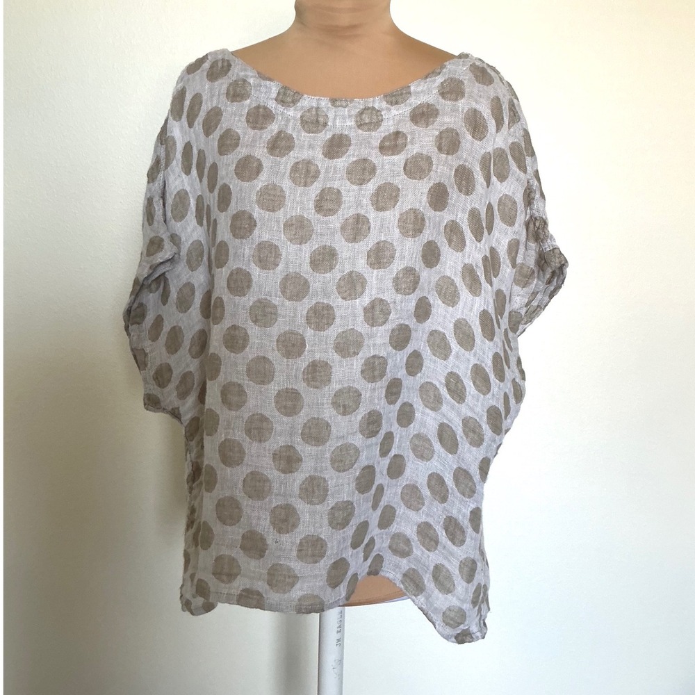 FLAX Linen Polka Dot Boxy Top Small Taupe Lagenlook Artsy Short Sleeve - Picture 10 of 11